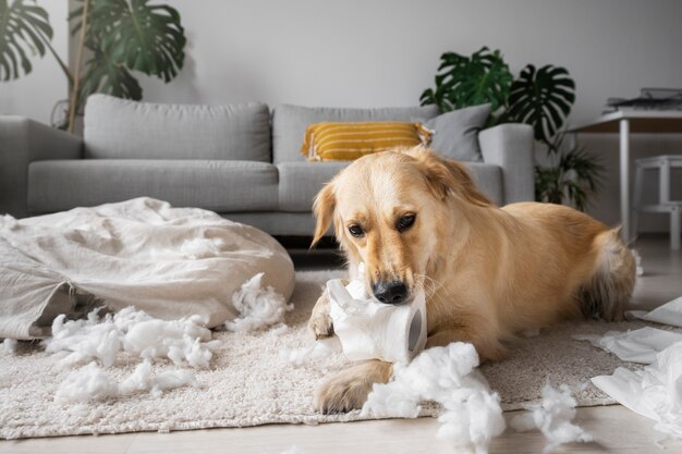 Cute dog playing with toilet paper indoors