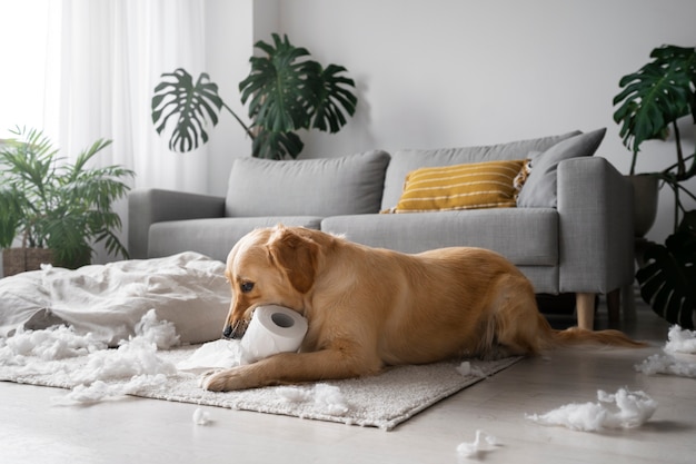 Free photo cute dog playing with toilet paper side view