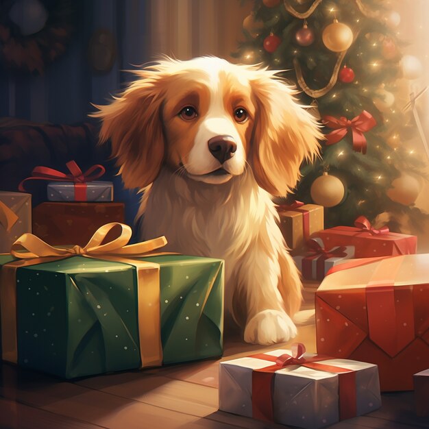 クリスマスプレゼントのそばに座っている可愛い犬