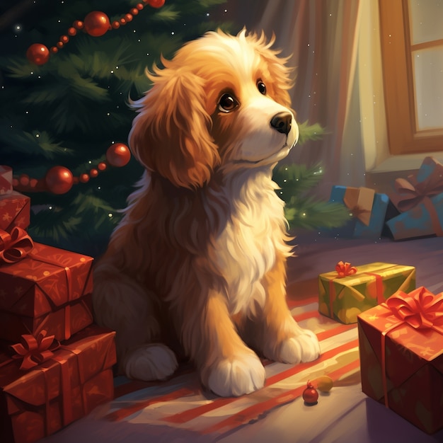 Foto gratuita cane carino seduto accanto ai regali di natale