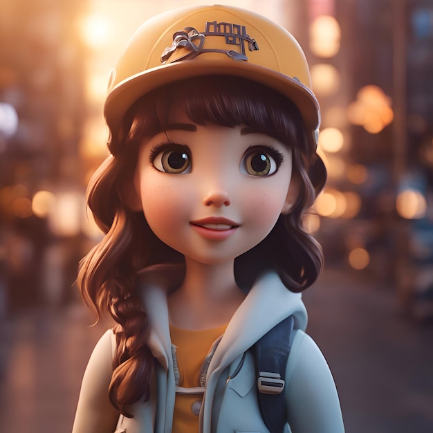 Free photo cute doll in the city at sunset 3d rendering