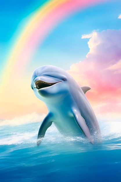 虹の近くの水からジャンプするかわいいイルカ