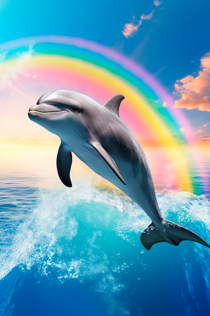 Милый дельфин прыгает из воды возле радуги
