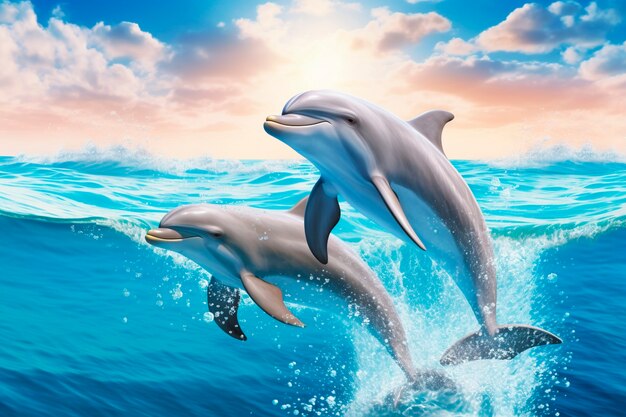 Симпатичные дельфины, выпрыгивающие из воды