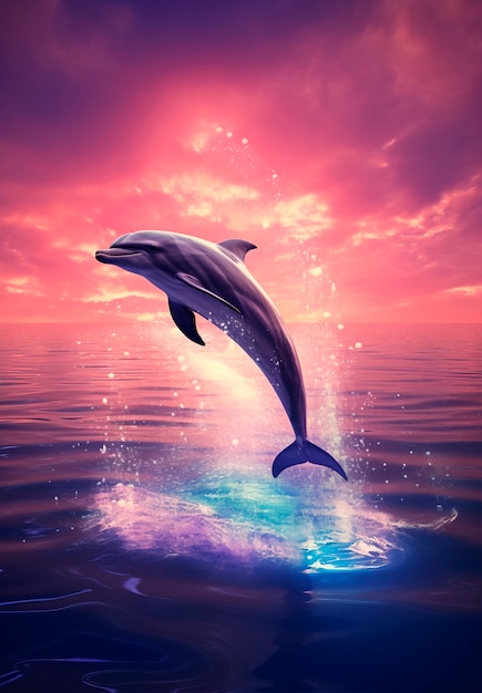 Cute dolphins jumping at sunset