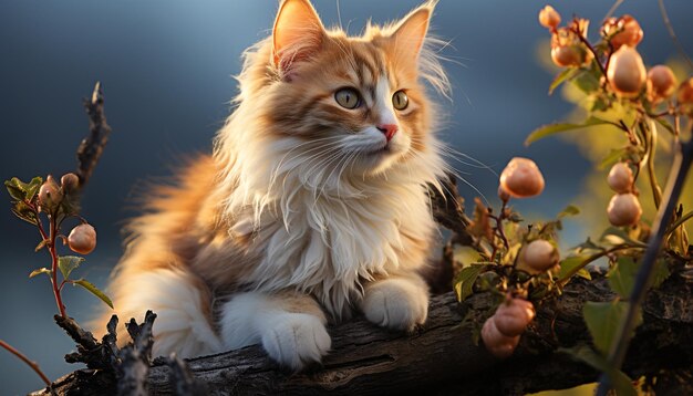 人工知能によって生成された自然の中でふざけて枝に座っているかわいい飼い猫