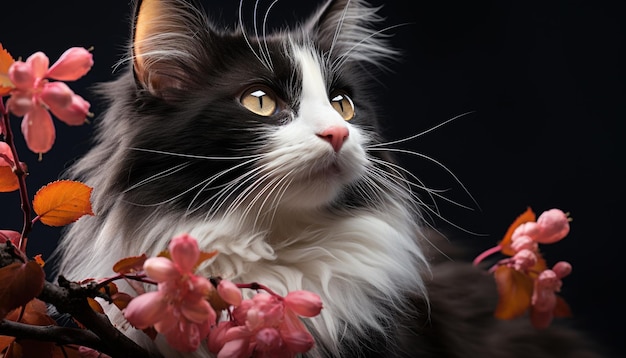 Foto gratuita simpatico gatto domestico seduto che guarda la macchina fotografica circondato da fiori generati dall'intelligenza artificiale