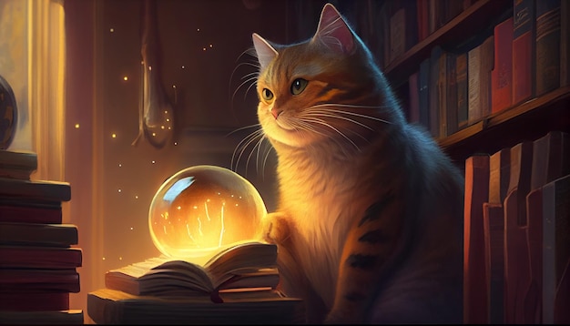 Cute domestic kitten reading book in illuminated library generative AI