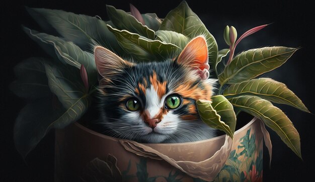 Cute domestic kitten sitting on a leaf generative AI