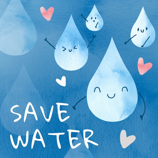 Free photo cute droplets with save water text watercolor illustration