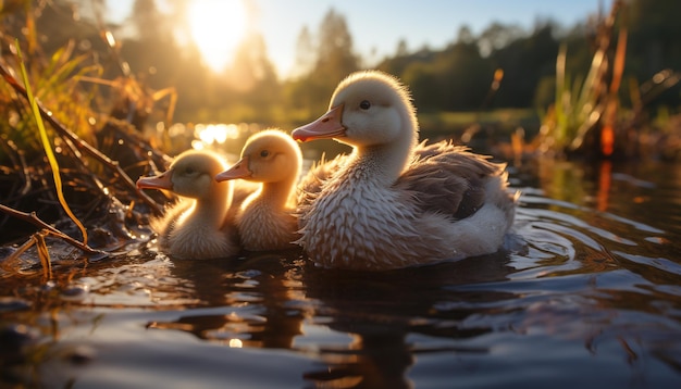 Cute duckling quacking in the pond surrounded by nature generated by artificial intelligence