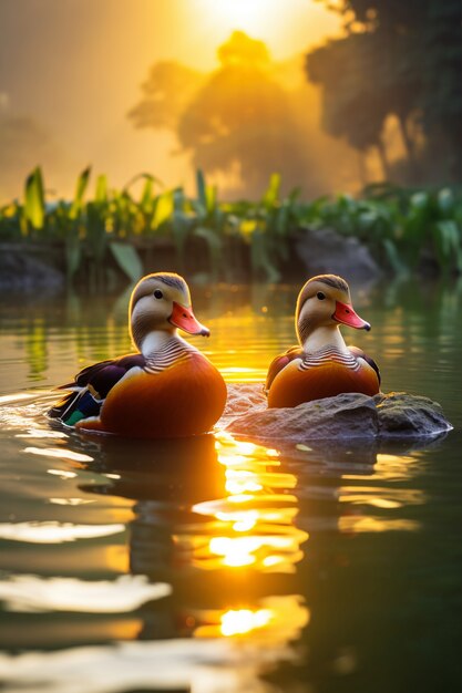 Cute ducks living in nature