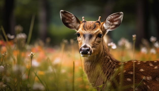 AIによって生成された緑の牧草地で放牧されているかわいい子鹿