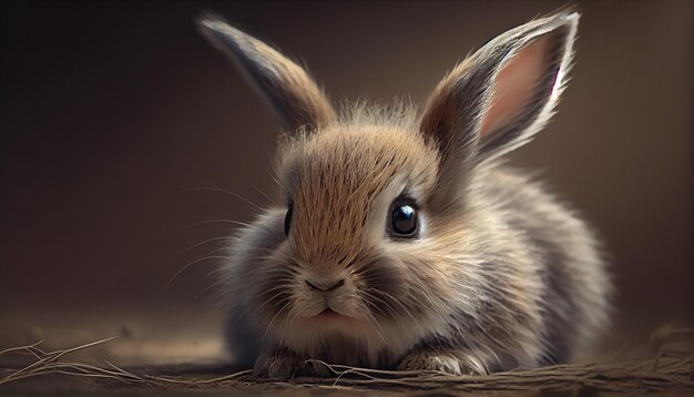 풀이 무성한 자연 생성 AI에 앉아 있는 귀여운 솜털 아기 토끼
