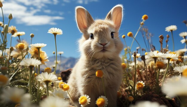 人工知能によって生成された緑の草の上に座っているかわいいふわふわの赤ちゃんウサギ