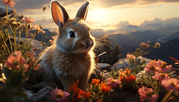 人工知能によって生成された自然を楽しむ草の中に座っているかわいいふわふわのウサギ