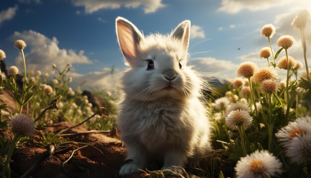 Cute fluffy rabbit sitting in green meadow enjoying nature generated by artificial intelligence