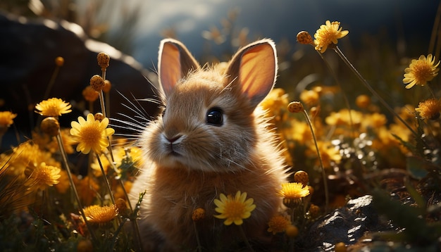 Free photo cute fluffy rabbit sitting in green meadow surrounded by flowers generated by artificial intelligence