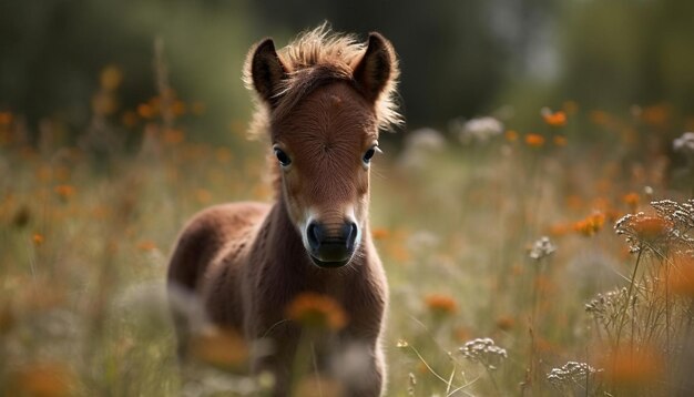 Cute foal grazing in green meadow outdoors generated by AI