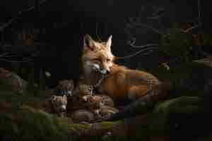 Free photo cute fox with babies in nature