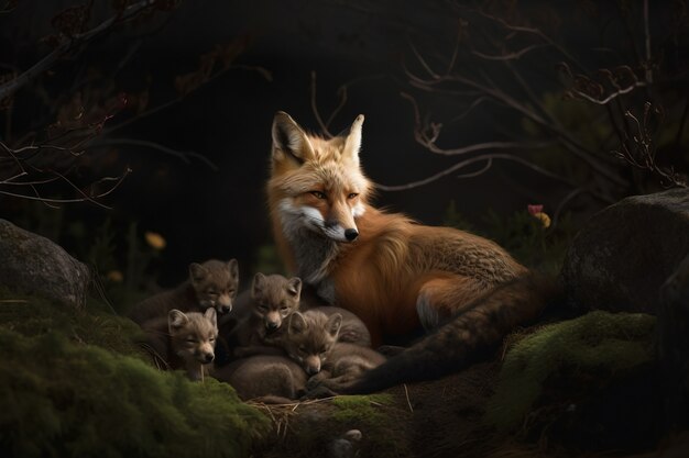 Cute fox with babies in nature