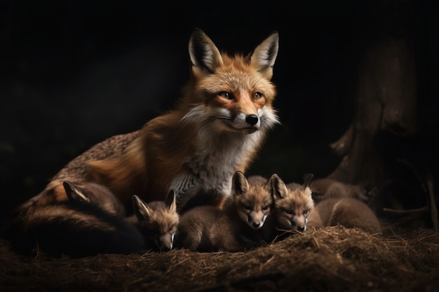 Cute fox with babies in nature