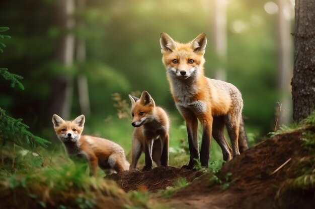 Cute fox with babies in nature