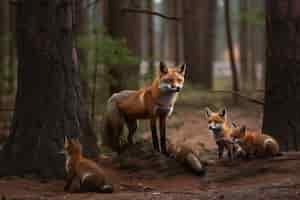 Free photo cute fox with babies in nature