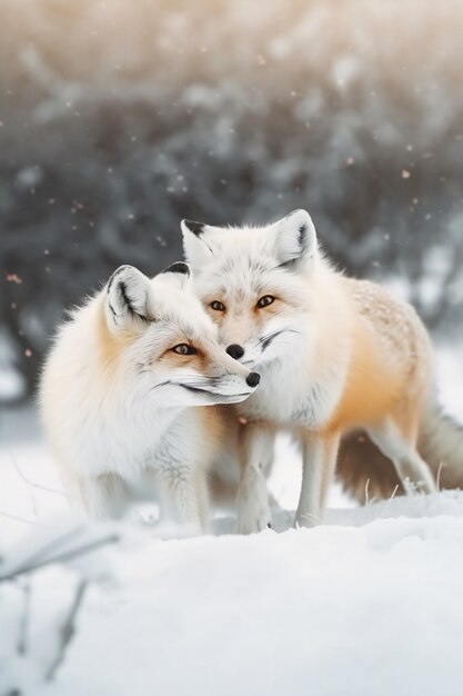 Cute foxes with snow outdoors