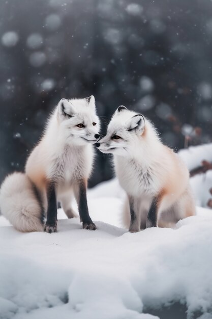 Cute foxes with snow outdoors