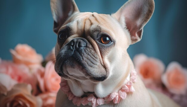 Cute French bulldog puppy sitting outdoors looking at camera generated by AI