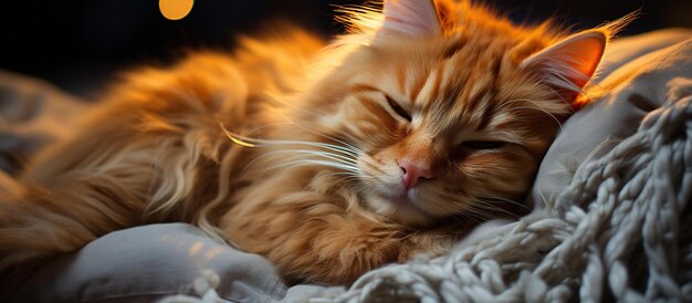 집에서 클로즈업된 니트 격자무늬 위에서 자고 있는 귀여운 생강 고양이