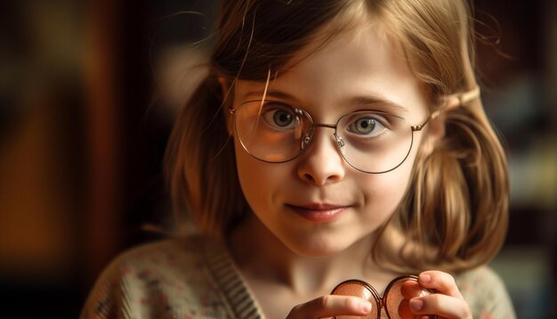 Cute girl holding eyeglasses smiling with joy generated by AI