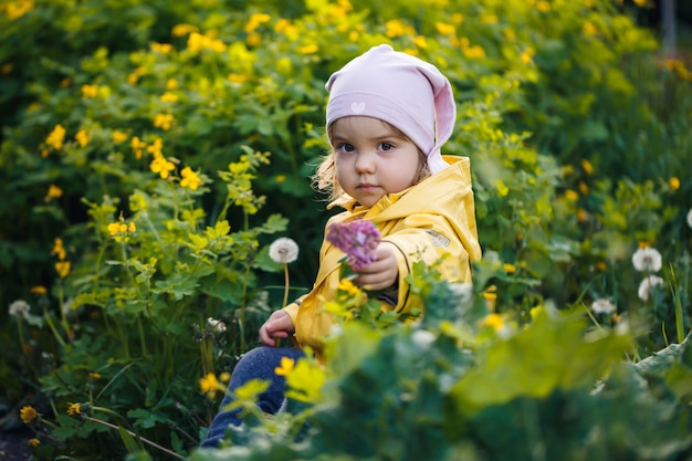 黄色い​ジャケット​を​着た​かわいい​女の子​が​牧草地​に​花​を​集めます​。​春​の​花​に​囲まれた​新緑​の​芝生​に​子供​が​立っていた​。​小さな​子供​が​最初​の​野生​の​黄色い​花​の​花束​を​作ります