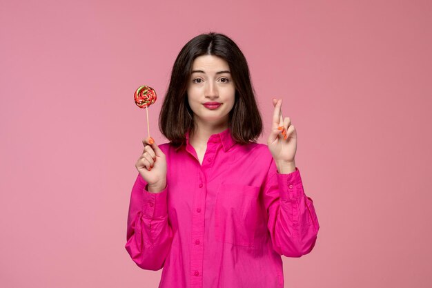 Cute girl pretty young beautiful brunette girl in pink shirt crossing fingers with lollipop