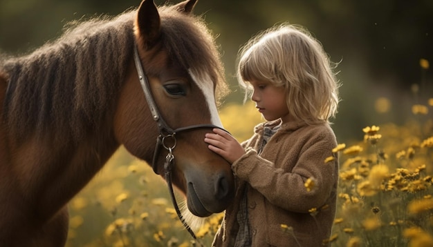 屋外で馬と絆を結ぶ笑顔のかわいい女の子生成 AI
