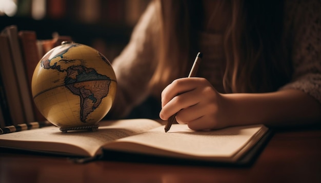 Cute girl studying geography surrounded by literature generated by AI