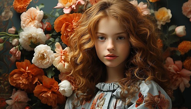 Бесплатное фото Милая девушка с кудрявыми волосами улыбается в окружении красочных цветов, созданных искусственным интеллектом.