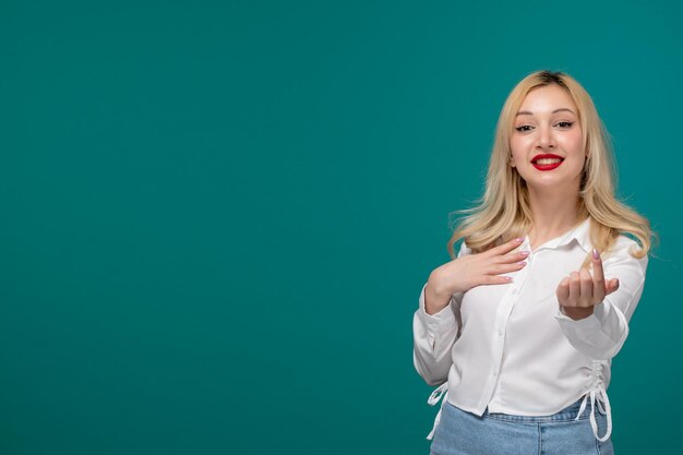 Cute girl young adorable pretty girl in a white neat shirt calling someone with hand