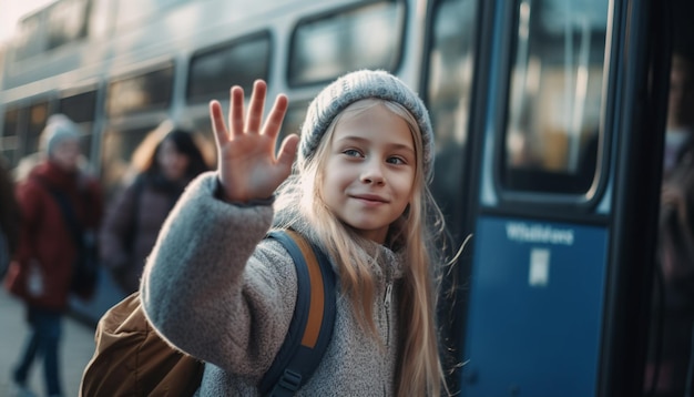 Cute girls on bus enjoying autumn adventure generative AI