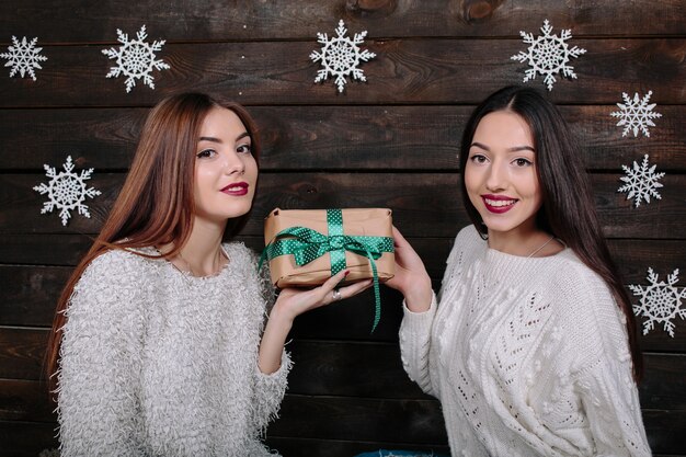 Cute girls holding a christmas gift