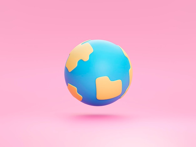ピンクの背景アイコンまたはシンボル3Dレンダリングのかわいいグローバル世界または地球モデル
