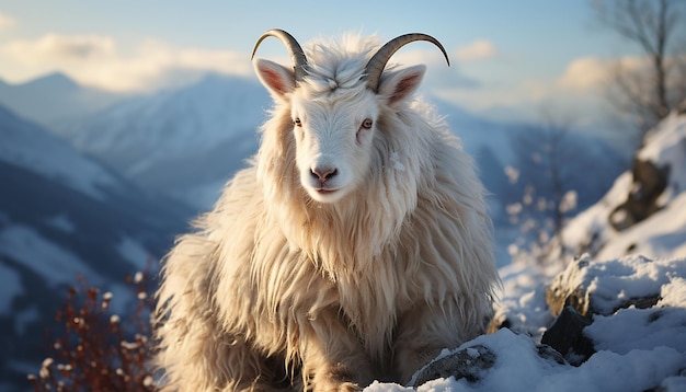 Free photo cute goat grazing on snowy mountain looking at camera generated by ai