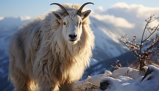 Free photo a cute goat stands in the snowy mountain landscape generated by ai