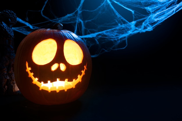 Foto gratuita simpatico assortimento di zucche di halloween e ragnatele