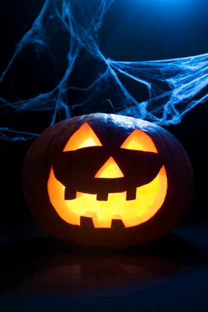 Free photo cute halloween pumpkin with spiderweb