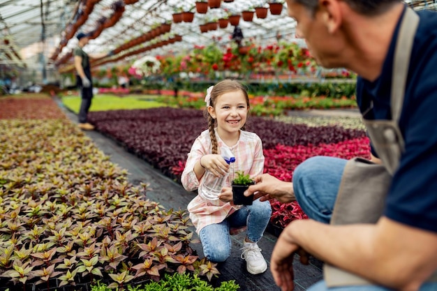귀여운 행복한 딸이 아버지를 돕고 식물 보육원에서 꽃에 물을 뿌린다