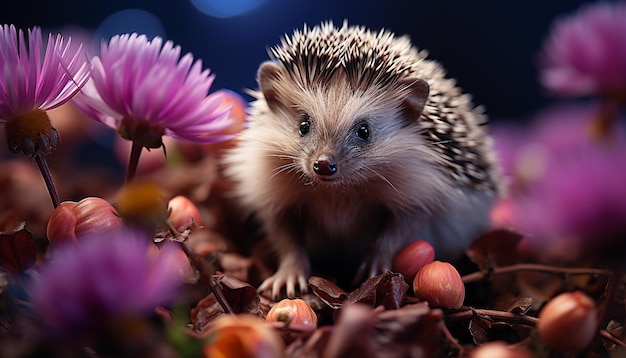 Free photo cute hedgehog looking at camera in green grass outdoors generated by artificial intelligence