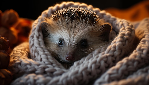 Cute hedgehog looking at camera with fluffy fur and whiskers generated by artificial intelligence