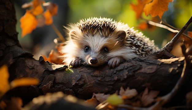 Free photo cute hedgehog sitting on branch alert in autumn forest generated by artificial intelligence